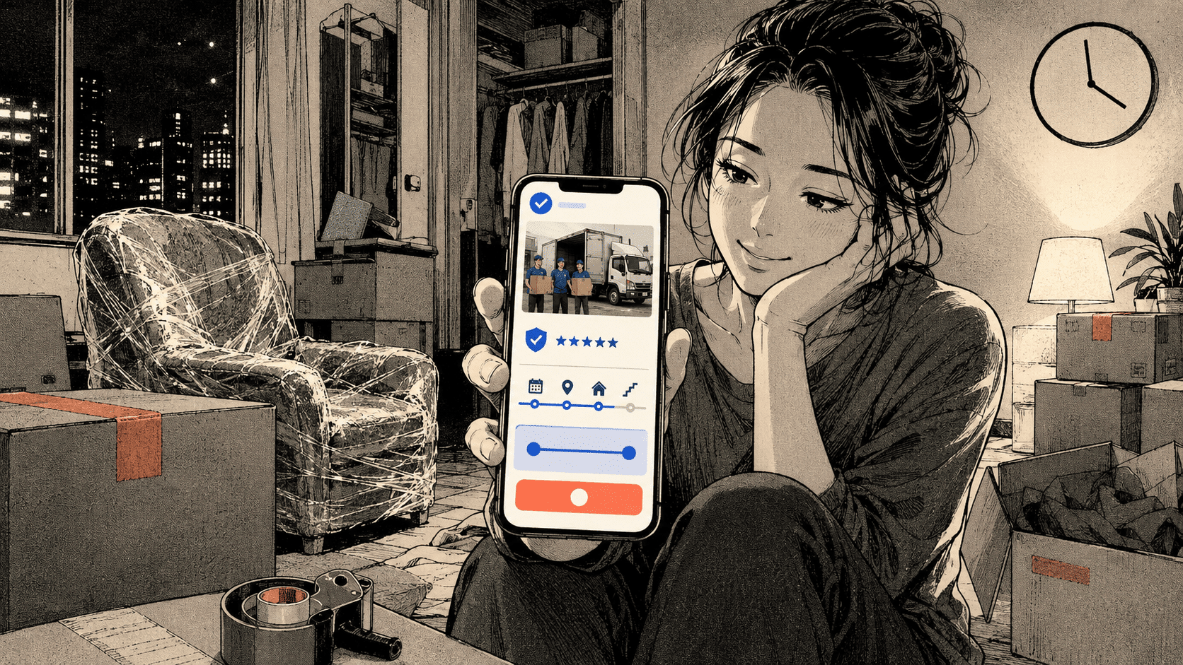 Manga illustration of a homeowner using a mobile moving website with crew photos, trust signals and an instant quote calculator.