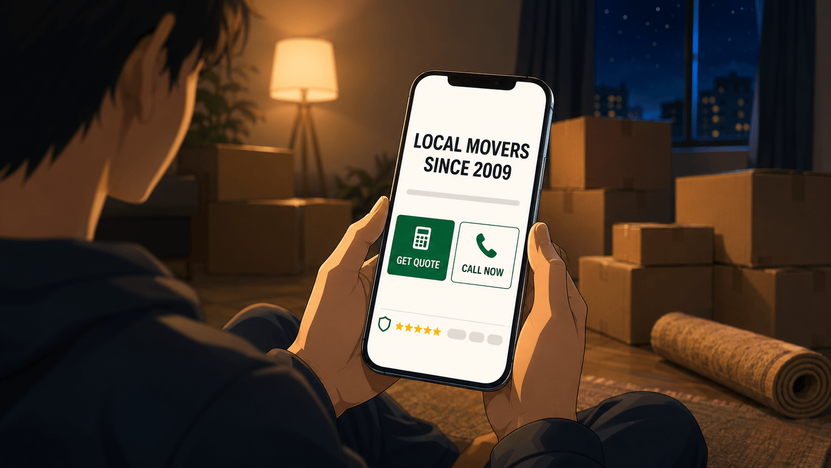 Moving company website design on mobile showing headline, quote button, tap-to-call and license trust strip above the fold.