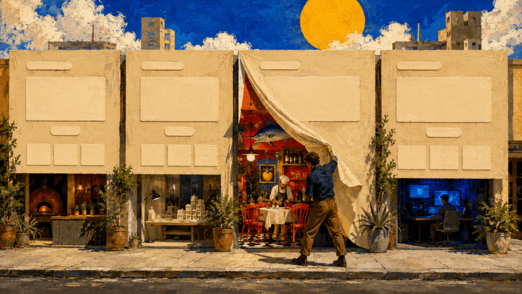 Painted web designer lifts an identical beige website façade to reveal a colorful restaurant with a distinctive brand identity.
