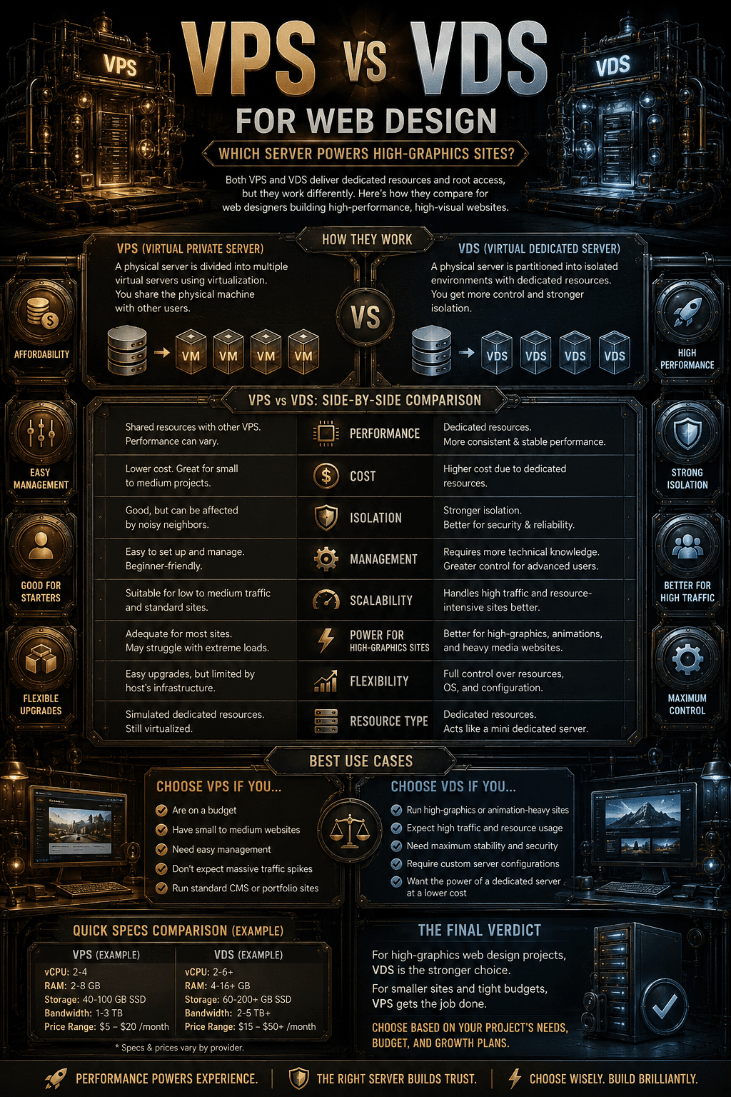A web hosting infrastructure guide detailing Infographic: VPS vs VDS for Web Design: Which Server Powers High-Graphics Sites?, comparing virtual private servers, virtual dedicated servers, CPU allocations, RAM specs, and server performance for media-heavy websites.