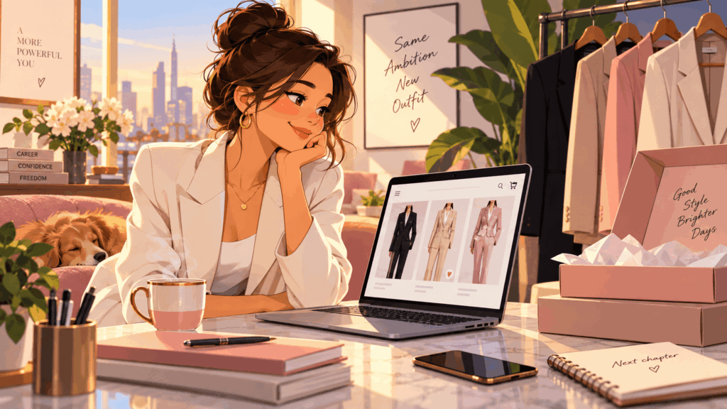 Cartoon woman in a cream blazer browsing black, beige and pink women’s suits on a laptop beside a clothing rack.