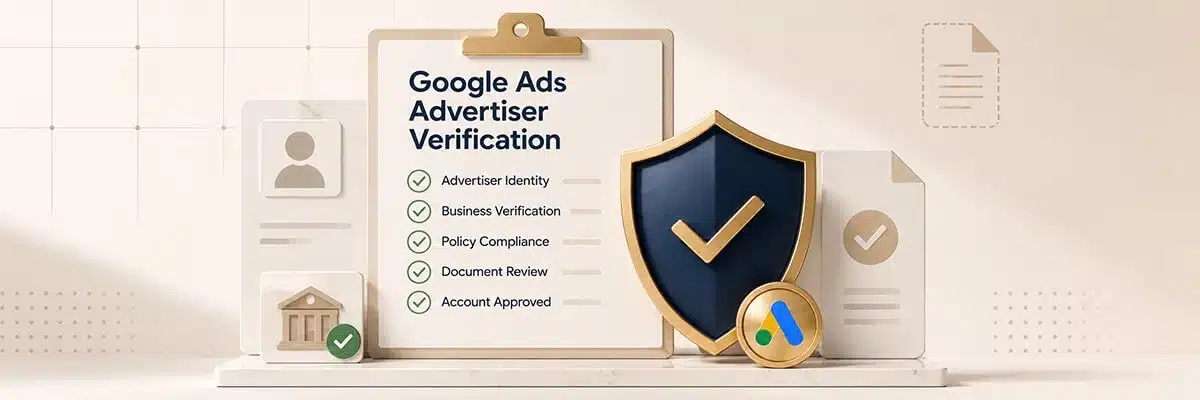 Checklist graphic showing key document requirements and steps for Google Ads advertiser verification