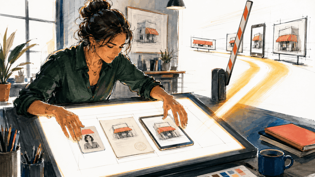 Colored pencil illustration of a business owner aligning identification, registration documents and website details for advertiser verification.