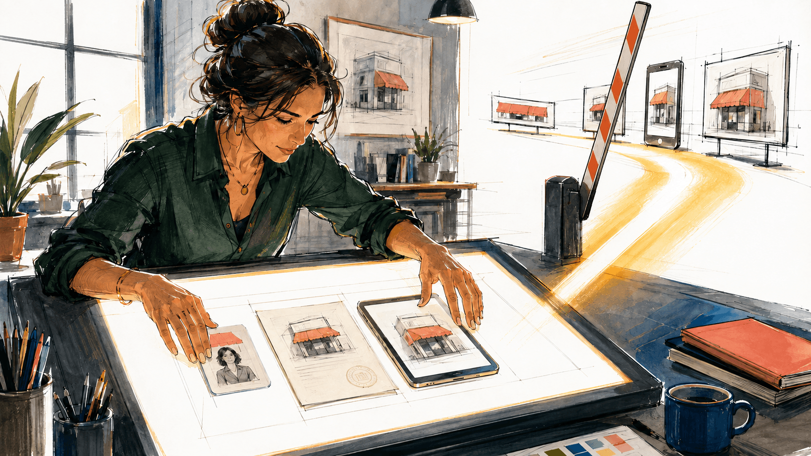Colored pencil illustration of a business owner aligning identification, registration documents and website details for advertiser verification.