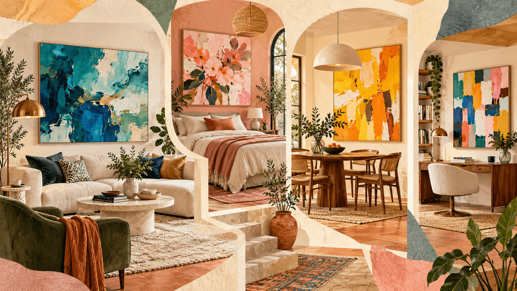 Four stylish interiors featuring colorful abstract paintings, including blue living room art, pink floral bedroom art, vibrant dining room art and multicolor office art.
